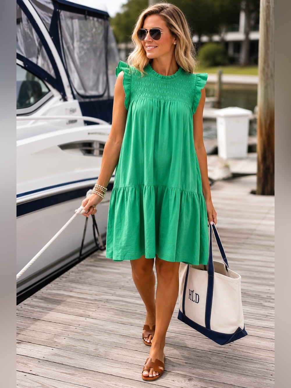vestique Preppy Green Smocked Ruffle Neck Sundress